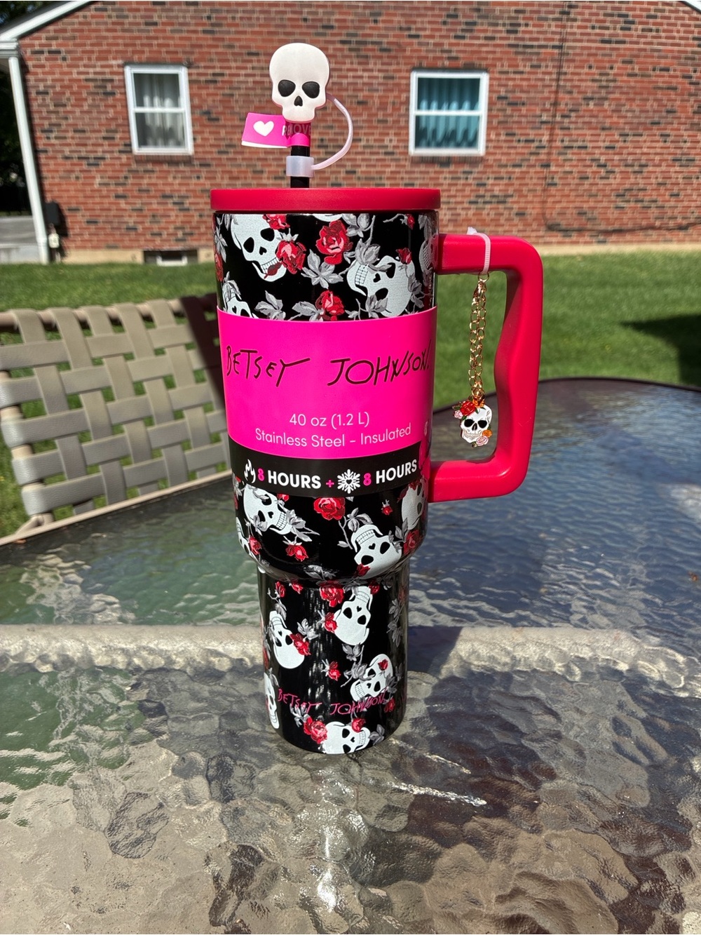 BJ Black, Red, and white Tumbler with skulls and roses. 40 oz.